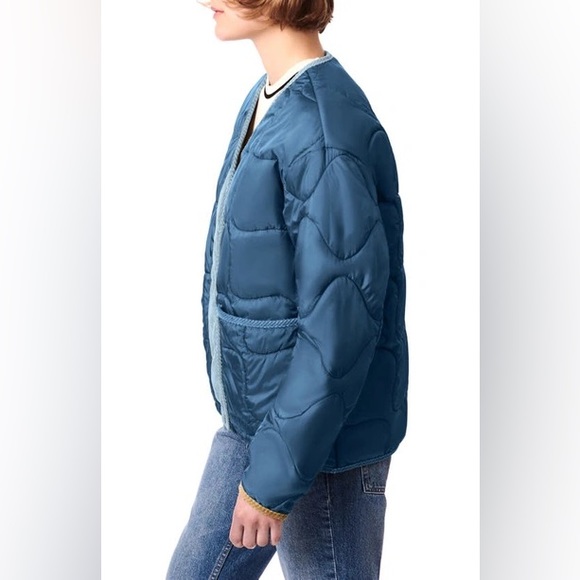 NWT- BERNIE BERNARDO Quilted Corduroy Trim Recycled Fabric Riviera Blue Jacket - Picture 3 of 13